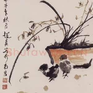 1984年 彭友善《盆兰小鸡》国画花鸟作品图片鉴赏