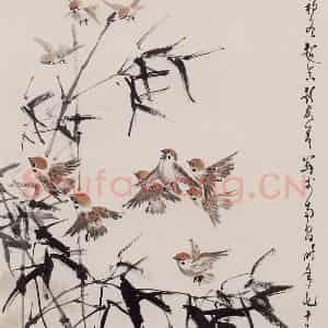 1985年 彭友善《竹雀》国画花鸟作品图片鉴赏