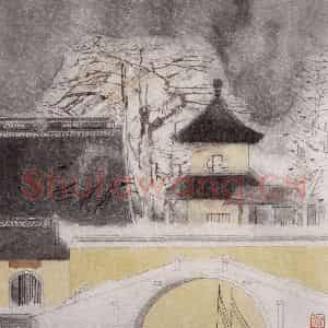 1993年 童中焘《来听寒山夜半钟》国画山水作品图片鉴赏