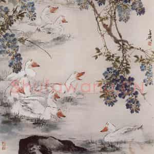 约1965年 王雪涛《春池鸭沐》国画花鸟作品图片鉴赏