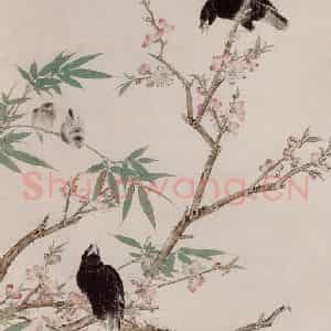 1935年 王雪涛《拟宋人竹桃鸲鹆》国画花鸟作品图片鉴赏