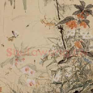 1946年 王雪涛《雀虫花卉》国画花鸟作品图片鉴赏