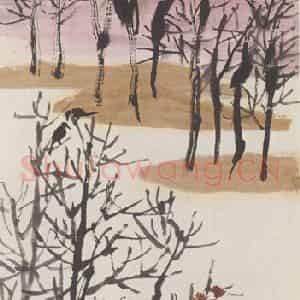 1914年 齐白石《秋林落照图》国画花鸟作品图片鉴赏