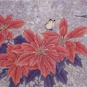 1992年 金鸿钧《圣诞红》国画花鸟作品图片鉴赏