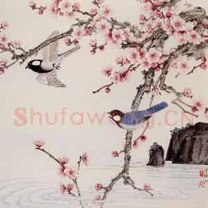 1981年 金鸿钧《梅溪双雀》国画花鸟作品图片鉴赏