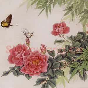 1981年 金鸿钧《月季双蝶》国画花鸟作品图片鉴赏