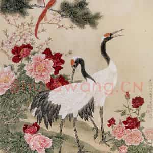 1984年 金鸿钧《松鹤牡丹》国画花鸟作品图片鉴赏