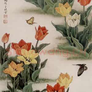 1988年 金鸿钧《郁金香》国画花鸟作品图片鉴赏