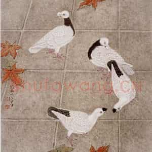 1987年 金鸿钧《枫叶白鸽》国画花鸟作品图片鉴赏