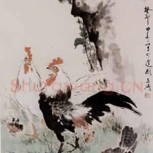 王雪涛《群鸡菊石图》国画花鸟作品图片鉴赏