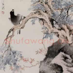 江寒汀《桃花八哥》国画花鸟作品图片鉴赏