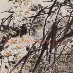 1980年 朱颖人《花开时节引蝶飞来》国画花鸟作品图片鉴赏
