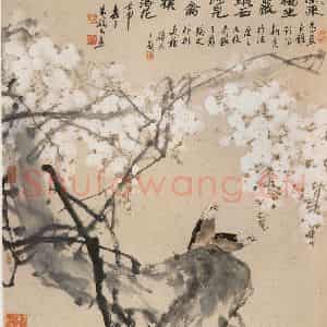 1992年 朱颖人《银藤双鸟》国画花鸟作品图片鉴赏