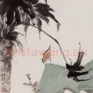 1961年 江寒汀《棕树小鸟》国画花鸟作品图片鉴赏
