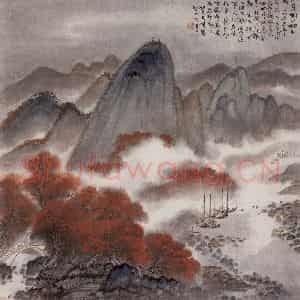 1955年 贺天健《九月桐江桕子红》国画山水作品图片鉴赏