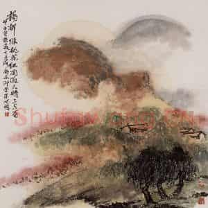 1984年 朱屺瞻《柳绿桃红三月春》国画山水作品图片鉴赏