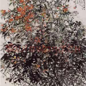2001年 何水法《灼灼红芳》国画花鸟作品图片鉴赏