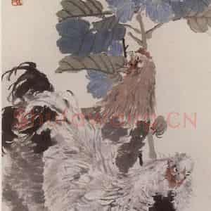 约19世纪70年代初期 任伯年《蜀葵双鸡》国画花鸟作品图片鉴赏