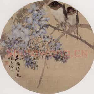 约19世纪70年代初期 任伯年《紫藤双燕》国画花鸟作品图片鉴赏