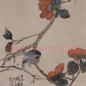 1866年 任伯年《茶花小雀》国画花鸟作品图片鉴赏