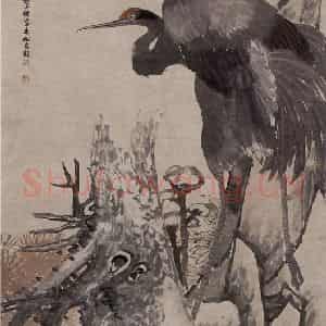 1867年 任伯年《松鹤芝石图》国画花鸟作品图片鉴赏