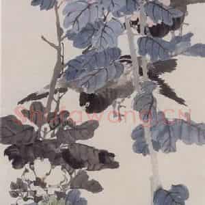 约19世纪70年代中期 任伯年《秋葵双鸽图》国画花鸟作品图片鉴赏