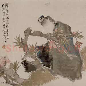 1878年 任伯年《桃花鸟石图》国画花鸟作品图片鉴赏