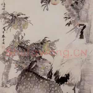 1879年 任伯年《绥山鹤鹿图》国画花鸟作品图片鉴赏