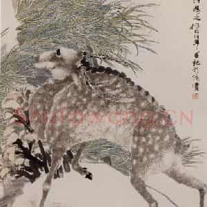 1879年 任伯年《兰鹿图》国画花鸟作品图片鉴赏