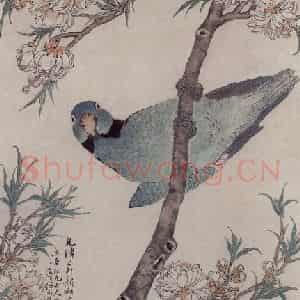 1879年 任伯年《碧桃鹦鹉》国画花鸟作品图片鉴赏