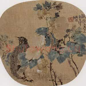 约19世纪70年代中期 任伯年《芙蓉独鸟》国画花鸟作品图片鉴赏