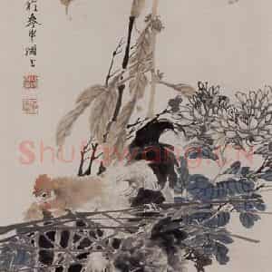 1876年 任伯年《秋园双鸡图》国画花鸟作品图片鉴赏