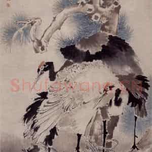 1877年 任伯年《松石双鹤图》国画花鸟作品图片鉴赏
