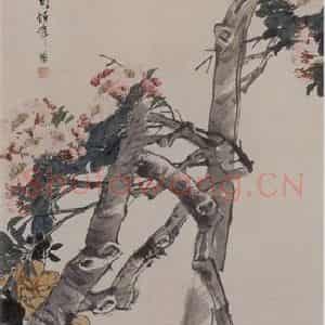 1882年 任伯年《花阴小犬图》国画花鸟写意作品图片鉴赏