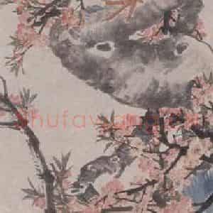 1880年 任伯年《桃花双鸡图》国画花鸟写意作品图片鉴赏