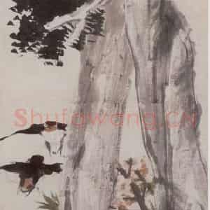 1880年 任伯年《桃柏双燕图》国画花鸟写意作品图片鉴赏