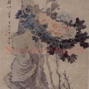 1883年 任伯年《牡丹双鸡图》国画花鸟写意作品图片鉴赏
