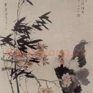 1884年 任伯年《牡鸡顽石图》国画花鸟写意作品图片鉴赏