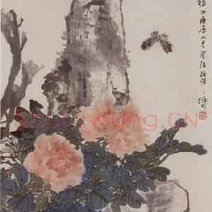1880年 任伯年《牡丹蛱蝶图》国画花鸟写意作品图片鉴赏