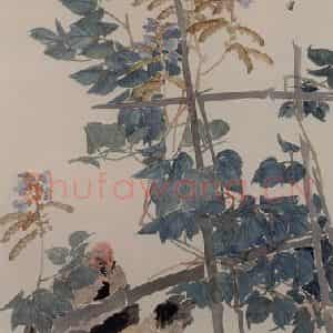 1884年 任伯年《豆架双鸡图》国画花鸟写意作品图片鉴赏