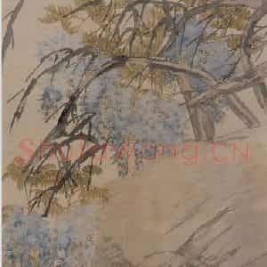 1884年 任伯年《紫藤双禽图》国画花鸟写意作品图片鉴赏