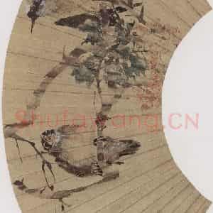 1880年 任伯年《枝头鸣禽图》国画花鸟写意作品图片鉴赏