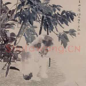 1884年 任伯年《猫戏图》国画花鸟写意作品图片鉴赏