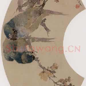 1881年 任伯年《鹦鹉蜡梅图》国画花鸟写意作品图片鉴赏