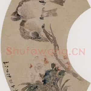 1881年 任伯年《海棠小鸟图》国画花鸟写意作品图片鉴赏