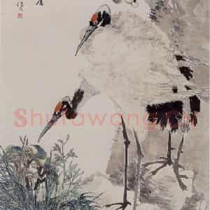 1881年 任伯年《芝兰双鹤》国画花鸟写意作品图片鉴赏