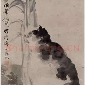1882年 任伯年《芭蕉猫石图》国画花鸟写意作品图片鉴赏