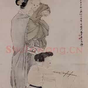 1882年 任伯年《仕女戏婴图》国画人物写意作品图片鉴赏
