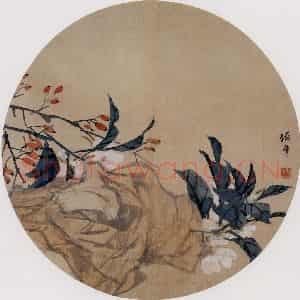 清代 任伯年《文石秋花图》国画花鸟作品图片鉴赏