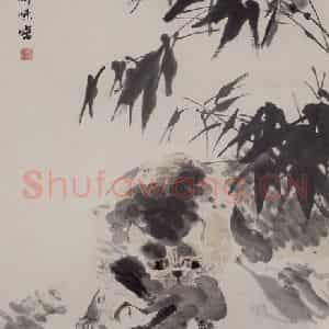 1891年 任伯年《狸猫捕禽图》国画人物写意作品图片鉴赏